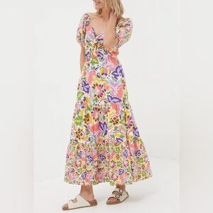 FatFace Natural Art Floral Midi Dress Floral Puff Sleeve tiered Maxi Dress 10 R